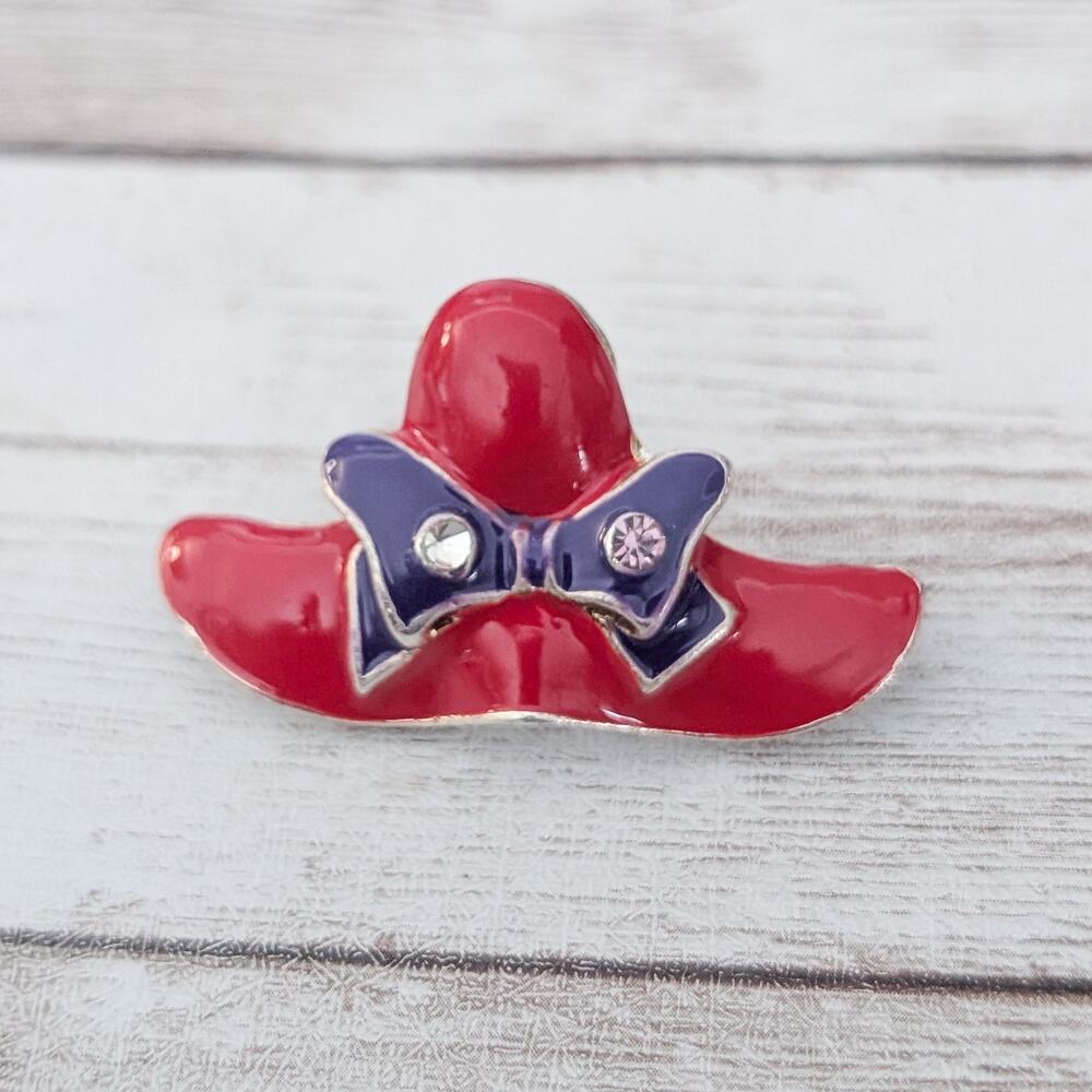 Vintage Brooch - Red Hat with Purple Bow - One Missing Gem